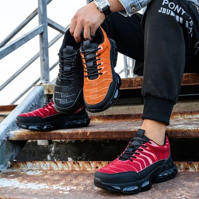 Beli Flyknit Kevlar Air cushioned sole safety shoes untuk pekerja industri dalam oranye merah hitam online manufacture